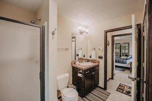 a bathroom with a toilet and a sink at Glacier Springs Cabin 89 Cedar and Log Cabin close to skiing and hiking in Deming