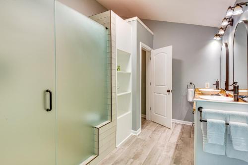 a bathroom with a shower and a sink at 30 Acres and Pond North Georgia Mtn Farmhouse in Demorest