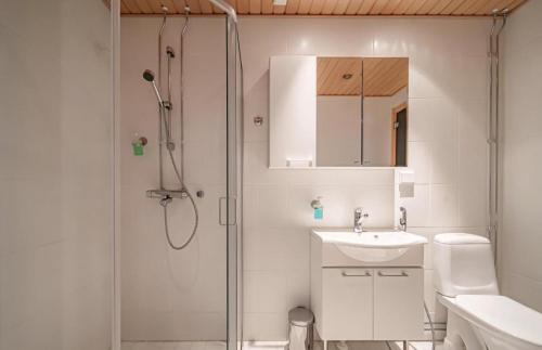 a white bathroom with a shower and a sink at Levi Nordic Light in Levi