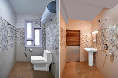 two pictures of a bathroom with a toilet and a sink at Hotel O Parasol Inn Gangtok in Gangtok