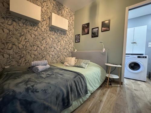 a bedroom with a bed and a washing machine at Cozy Home - Appartement Arras in Arras