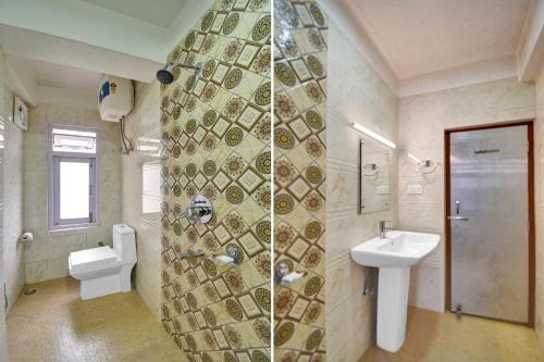 two pictures of a bathroom with a toilet and a sink at Hotel O Parasol Inn Gangtok in Gangtok