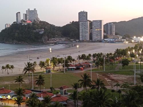 a view of a beach and a city with tall buildings at Studio São Lucas super localizado frente praia in São Vicente