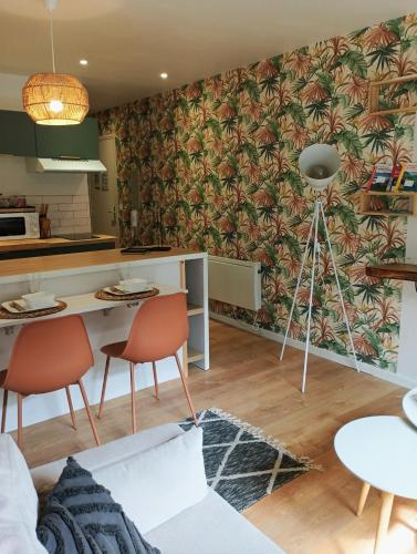 a kitchen with a camera on a tripod in a room at Studio 14 Un véritable cocon en Centre Ville in Bagnères-de-Bigorre