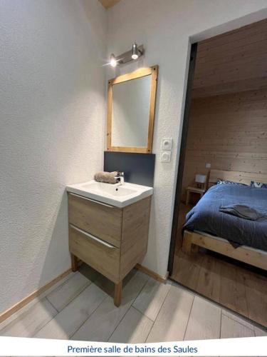 a bathroom with a sink and a bed at Les Bouloies - 2 gites familiaux l'Eden et les Saules - in Laviron