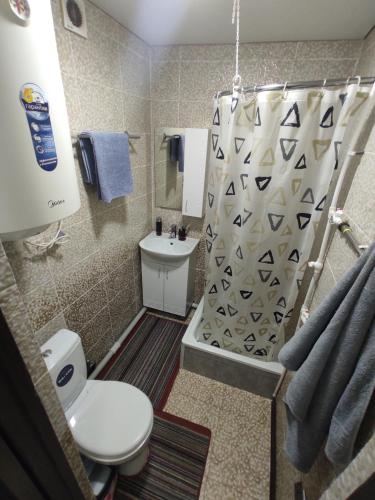 Un pequeño baño con inodoro y ducha. en Квартира посуточно в Шахтинске, en Shakhtīnsk