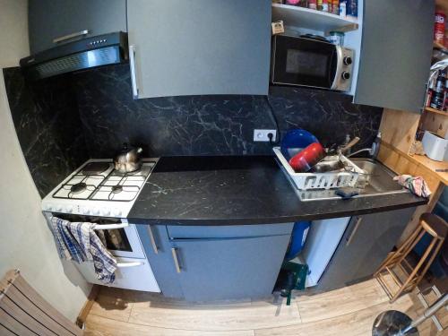 a small kitchen with a stove and a sink at COSY T2 Aux Portes des Écrins in Villar-dʼArène