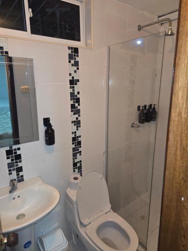 a bathroom with a shower and a toilet and a sink at Hotel Rodadero Dorado in Santa Marta