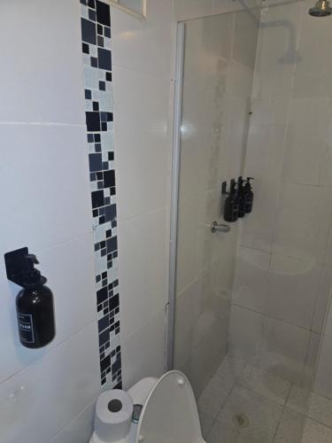 a bathroom with a shower with a toilet and a sink at Hotel Rodadero Dorado in Santa Marta