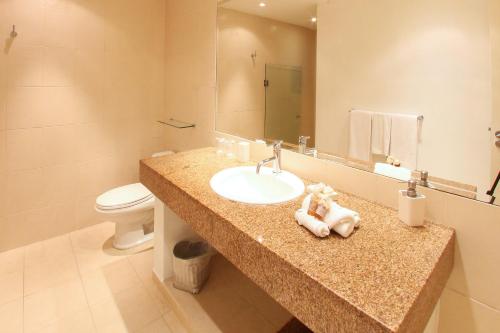 a bathroom with a sink and a toilet at Palmar del Sol by Riviera Maya Suites in Playa del Carmen