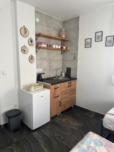 a small kitchen with a sink and a counter at Bellas apartmani in Novi Sad