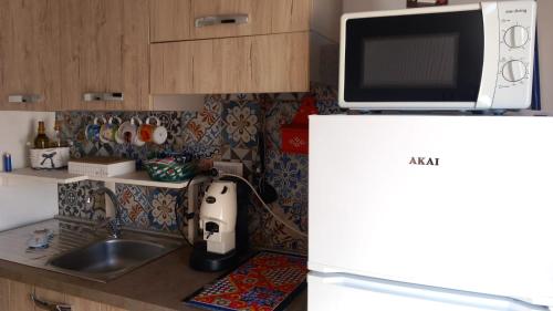 a kitchen with a microwave on top of a refrigerator at La Terrazza Solarium, in pieno centro 60m dalla stazione ferroviaria 700m dal mare in Santa Flavia
