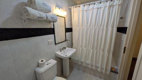 a white bathroom with a sink and a toilet at Delvino Boutique Hotel in Salta