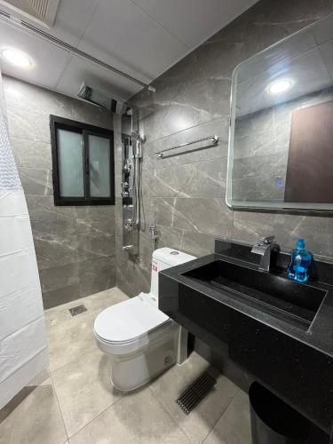 a bathroom with a white toilet and a sink at New Apartment Located in Middle of Bahrain in Manama