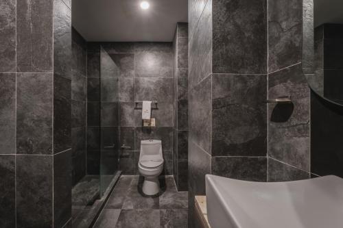 a bathroom with a toilet and a shower and a tub at Hotel Kavia Premium - Paseo Montejo in Mérida