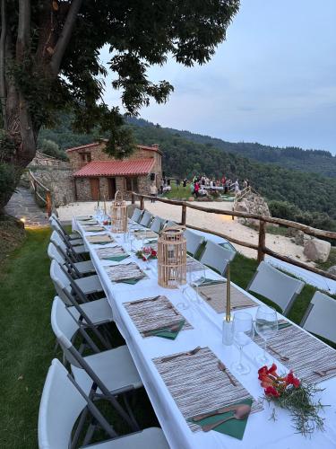 a long table with white tables and chairs with a view at Roca negra Montseny in Fogars de Montclus