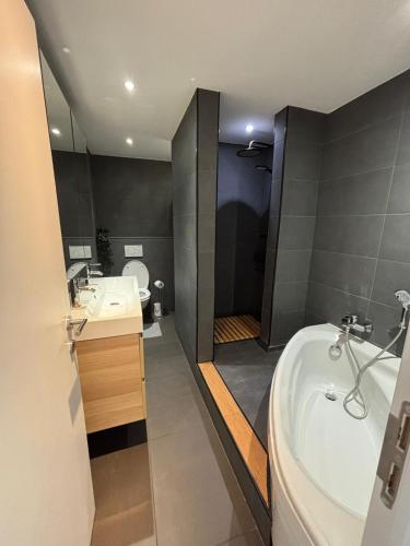 a bathroom with a tub and a sink and a toilet at Appartement spacieux centre Huy in Huy
