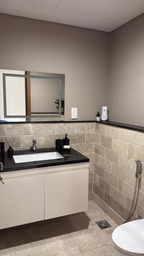 a bathroom with a sink and a mirror at One way flat in Muscat