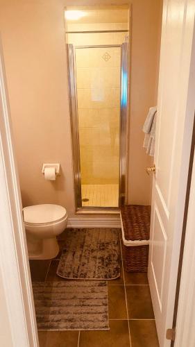 a bathroom with a toilet and a shower at Toronto downtown Woodbine beaches private cozy room in Toronto
