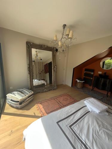 a bedroom with a large mirror and a bed at La suite de Chantepie in LʼIsle-Adam