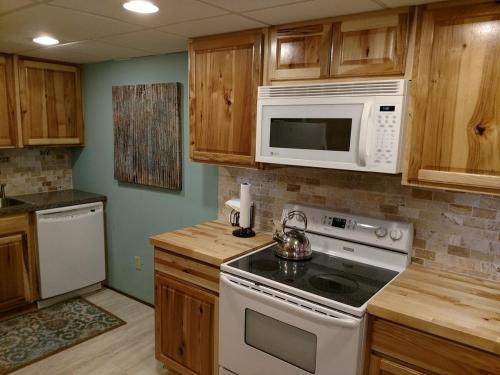 a kitchen with a white stove and a microwave at Mountain View 2BR Log Cabin Apt wPrivate BBQ Deck in Sylva