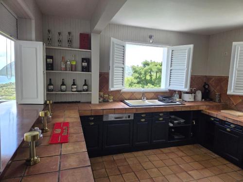 a kitchen with a sink and a window at Villa Clémentine in Le Diamant