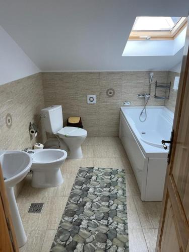 a bathroom with two toilets and a tub and a sink at Pensiunea Bianca in Botoşani