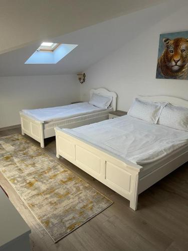 two twin beds in a room with a ceiling at Pensiunea Bianca in Botoşani