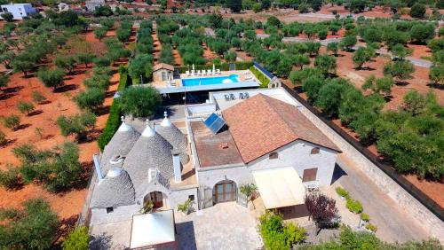 an aerial view of a house with a swimming pool at Trulli Nuova Aia Resort in Alberobello