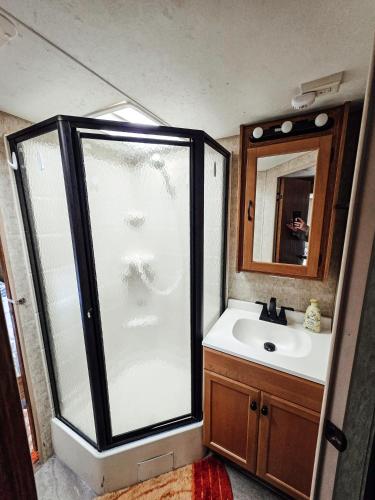 a bathroom with a shower and a sink at Nicevilles' Hidden Backyard Camper in Niceville