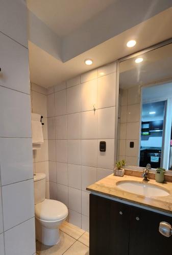 a bathroom with a toilet and a sink and a mirror at Familiar en el centro de Santiago 16 B in Santiago