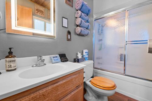 a bathroom with a toilet and a sink and a shower at Big Bear Cabin with Treetop Views 3 Decks Arcade Game, Fireplace, BBQ, WIFI in Big Bear City