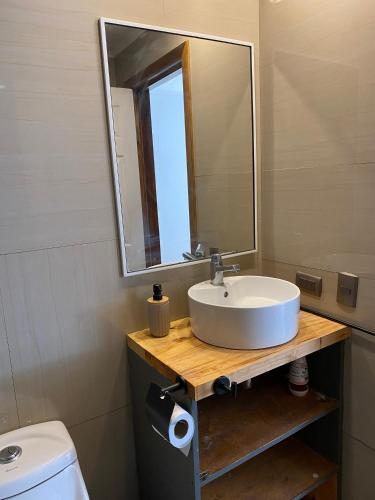 ein Badezimmer mit Waschbecken, Spiegel und Toilette in der Unterkunft Your refuge in El Yeco- Algarrobo in Algarrobo