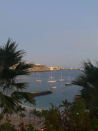 a view of a harbor with boats in the water at BEACH Arguineguin FIRST LINE 8 studio CHG FAMILY HOTEL in Arguineguín