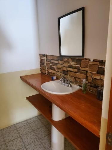 a bathroom with a sink and a mirror on a counter at Casa Camino Real, Habitación 1, Baño privado, Cafetera Escritorio in Ciudad Valles