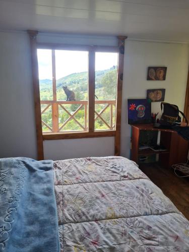 a bedroom with a bed and a window with a cat on a fence at Chalet Montaña Tenjo Mirador in Tenjo