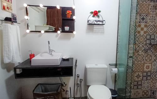 a bathroom with a sink and a toilet and a mirror at Chalé Temático em Pipa de Vinho - Parada da Pipa Chalés in Canela