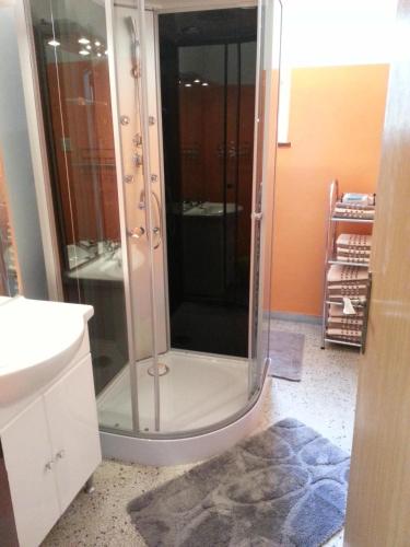a bathroom with a shower with a glass enclosure at Ferienhaus In Ruhiger Lage Am Waldrand in Navis