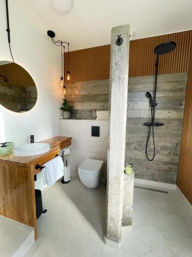 a bathroom with a sink and a toilet and a shower at Amma Jóna rooms in Ásólfsskáli