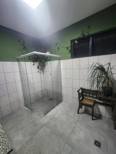 a bathroom with a bench and a green wall at Guest house oporto in Bauru