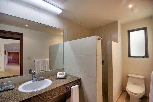 a bathroom with a sink and a toilet and a mirror at Palmar del Sol by Riviera Maya Suites in Playa del Carmen