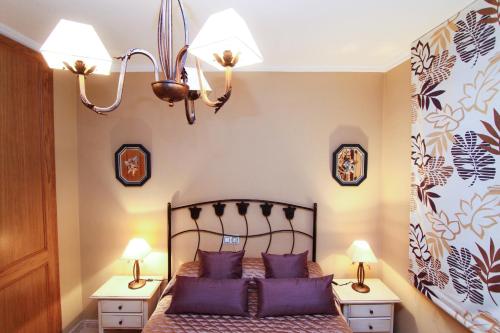 a bedroom with a bed with purple pillows and a chandelier at Carlos V Planetcostadorada in Salou