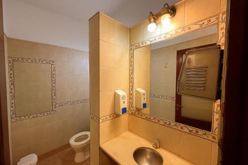 a bathroom with a sink and a toilet and a mirror at Hotel Patios de Salta in Salta