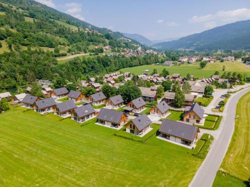 an aerial view of a village with houses in a green field at Mountain Vista in Sankt Lorenzen ob Murau