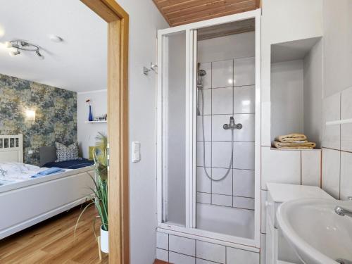 WahrstorfにあるZur Steinbäckのシャワーと洗面台付きのバスルーム