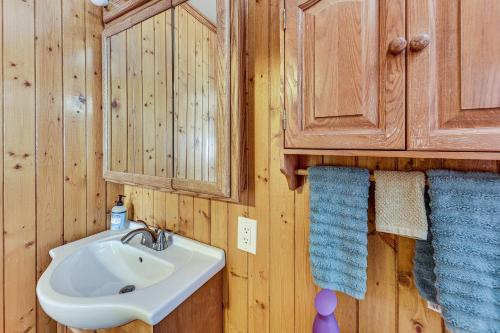 ein Badezimmer mit einem weißen Waschbecken und Holzschränken in der Unterkunft Swim, Ski and Explore Cabin in Green Valley Lake! in Green Valley Lake