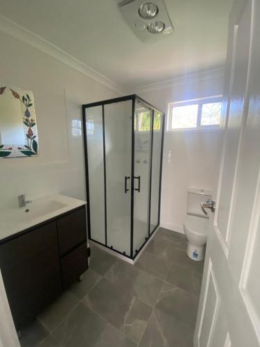 a bathroom with a shower and a sink and a toilet at 6 Wrights Close, Mallacoota in Mallacoota