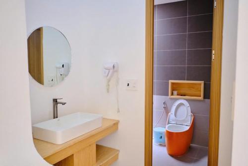 ダナンにあるDu Nhiên farm villa- Venuestayの洗面台、トイレ、鏡のあるバスルーム