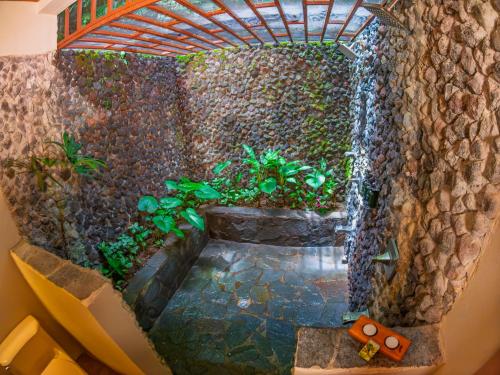 a garden with a water feature in a stone wall at Lost Iguana Resort and Spa in Fortuna