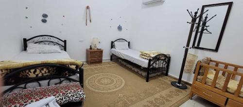 ワディ・ムーサにあるIdris homeのベッド2台と鏡のある寝室